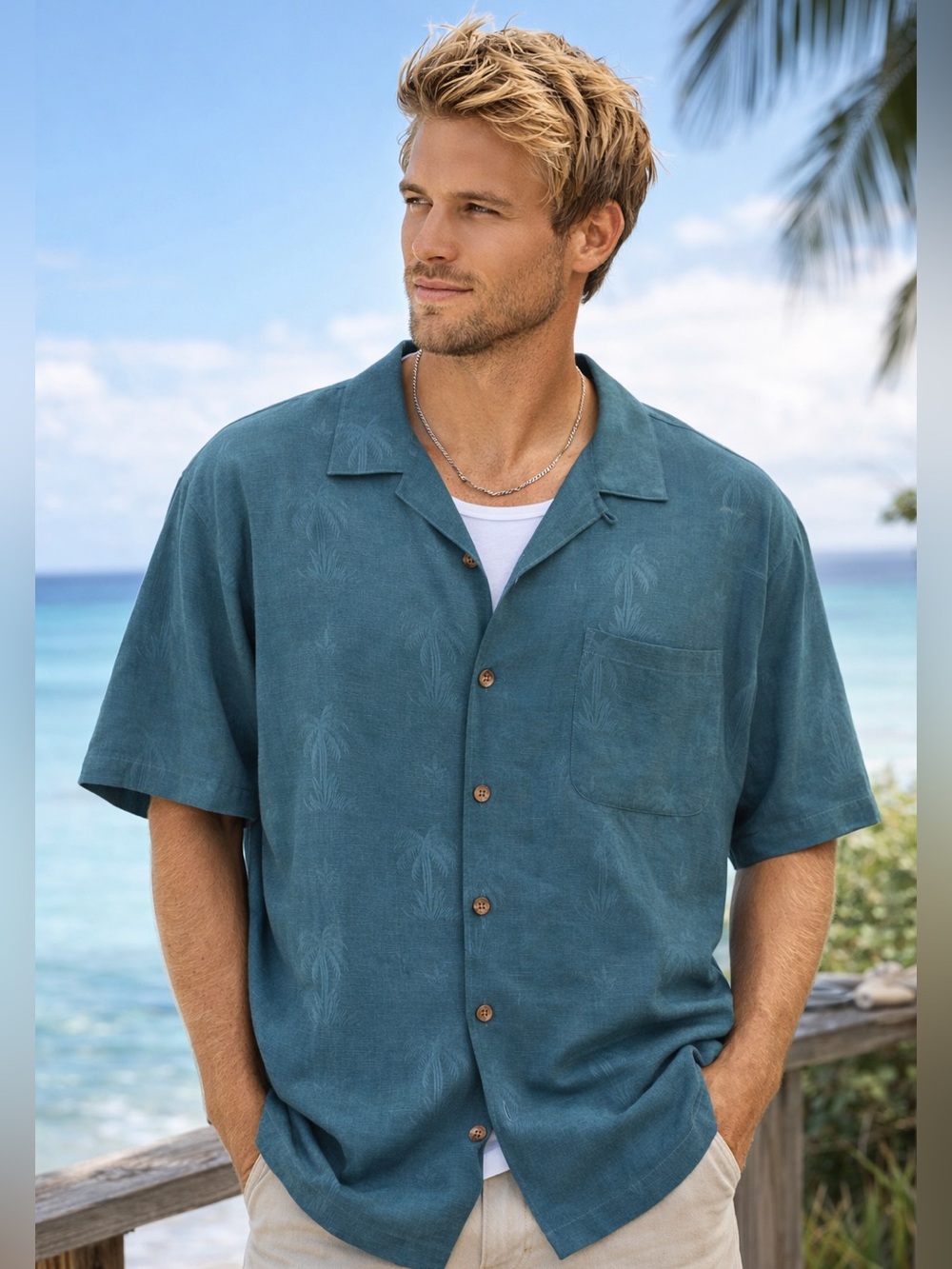 Men's Short-Sleeve Button Up Camp Collared Shirt Blue Tommy Bahama Silk Shirt XL